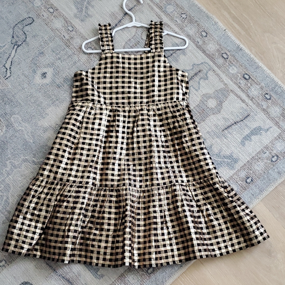 Crewcuts Girls' Black Gold Metallic Gingham Checked jacquard tiered dress Sz6